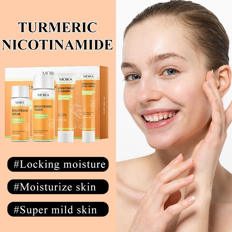 Turmeric Brightening 4-Step Skincare Set - Clarifying Cleanser, Hydrating Toner, Dark Spot Serum & Nourishing Cream | Reduces Dullness, Fades Acne Marks & Balances Oil for Glowing Skin