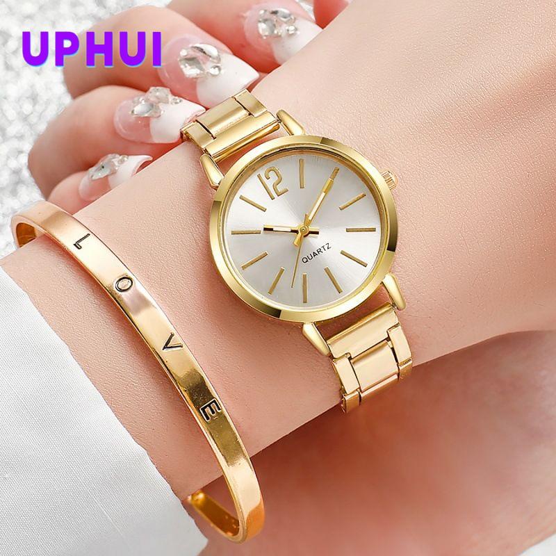 Ladies Fashion Simple Digital Alloy With Quartz Watch Bracelet 2pcs Set Luxury Women Simple Dial Ladies Watches