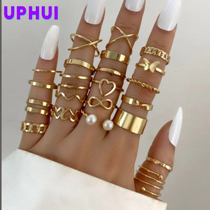 22PCS Women's Butterfly Rings Opening Multioint Rings Set Love Rings Female High Quality Accessories Women's Jewelry Set Used For Shooting Props Or Daily Wear