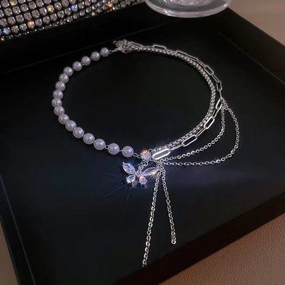 2PCs/Set Pearl Necklace 2023 New Women's Zircon Butterfly Tassel Necklace+Ring Light Luxury High end Feel Collar Chain Tide
