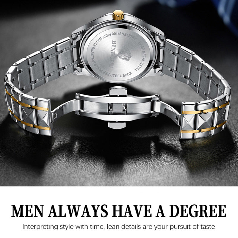 BINBOND Fashion Men's Watch Stainless Steel Top Brand Luxury Waterproof Men Double Calendar Quartz Watch