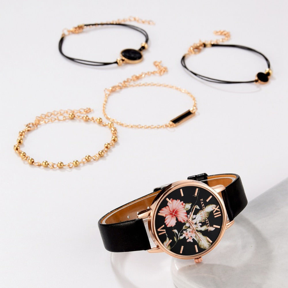 Lvpai 5pcs set Women Watches Bracelet Black Ladies Bracelet Flowers Butterfly Dial Women Watches Leather Band Watch Casual Leather Quartz Wristwatch Gift For Girlfriend