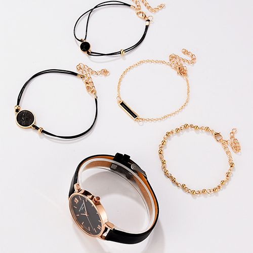 5pcs Quartz Watch Set Ladies Elegant Gemstone Bracelet Quartz Wristwatch Women Leather Quartz Watches Bracelet Set Clock Gift