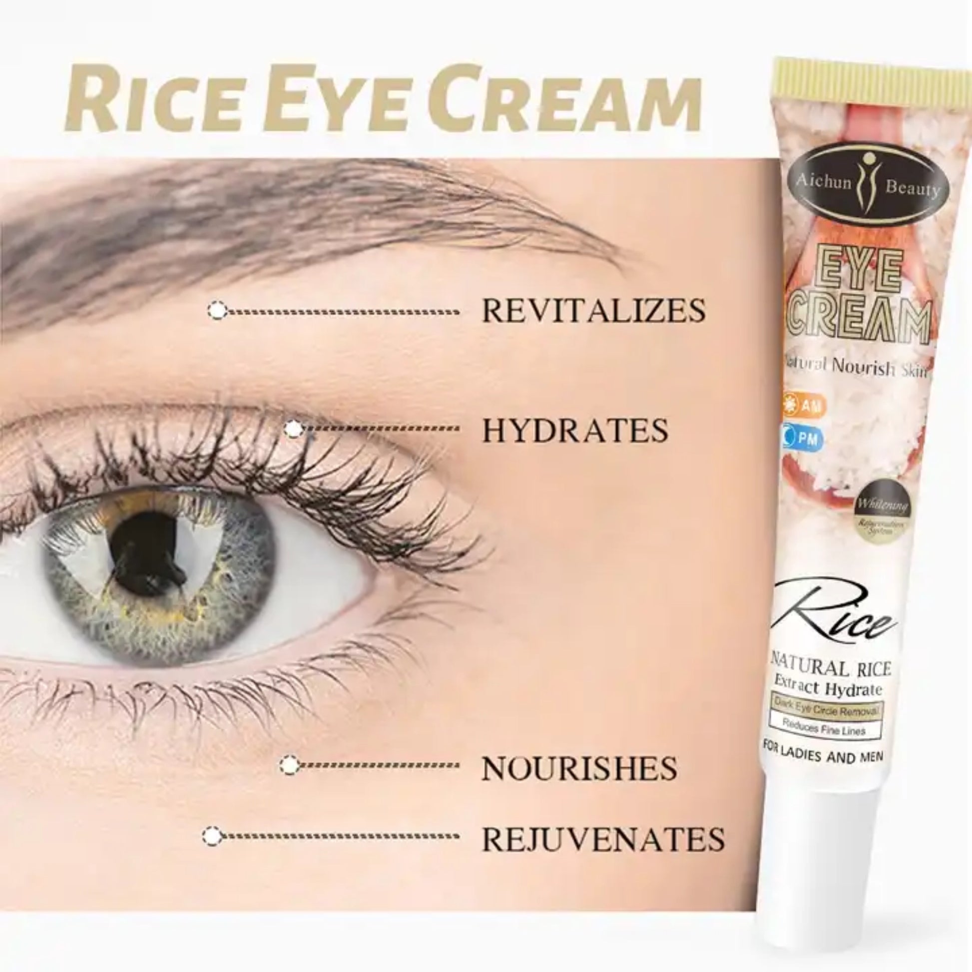 Aichun Beauty Natural Rice Eye Cream - Bags Removal Anti Wrinkle Firming Eye Cream for dark circles and puffiness
