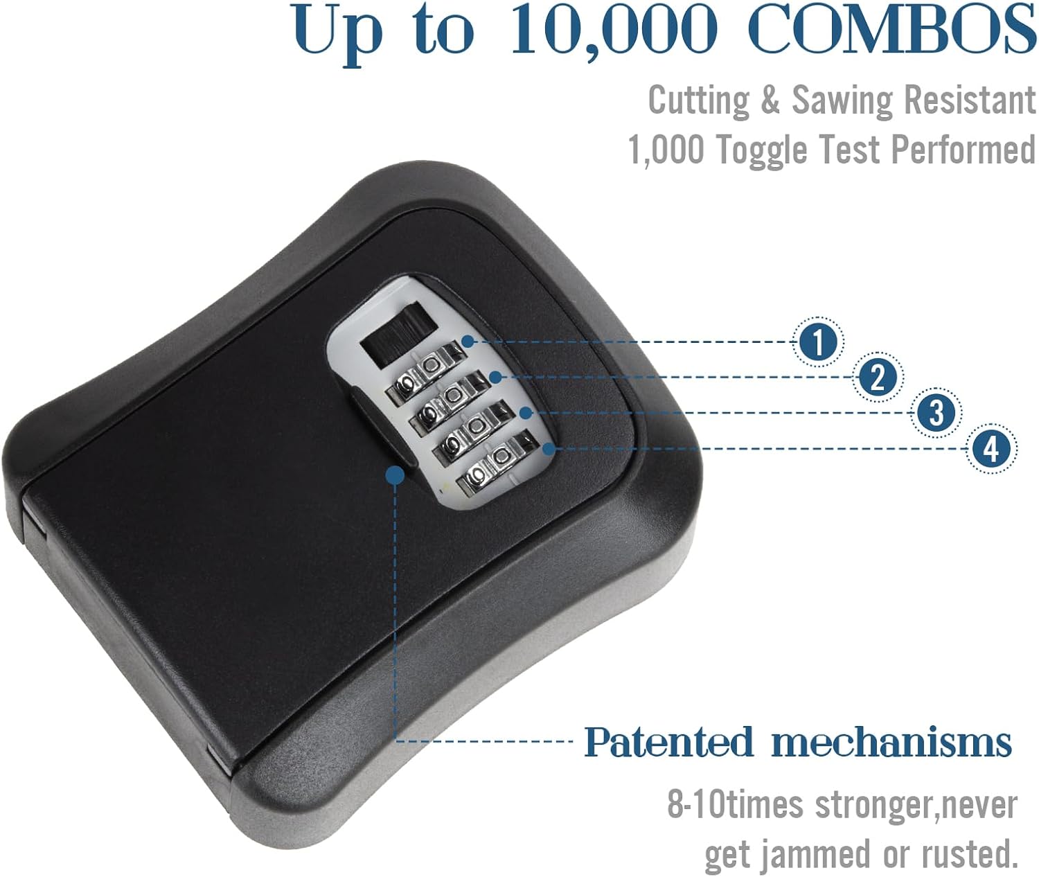 Key Lock Box Wall Mounted, 4 Digit Combination Lockbox for Outside, House Keys - 5 Keys Capacity, Key Safe Security Storage Lock Box for Indoor, Outdoor, Garage, Garden, Store