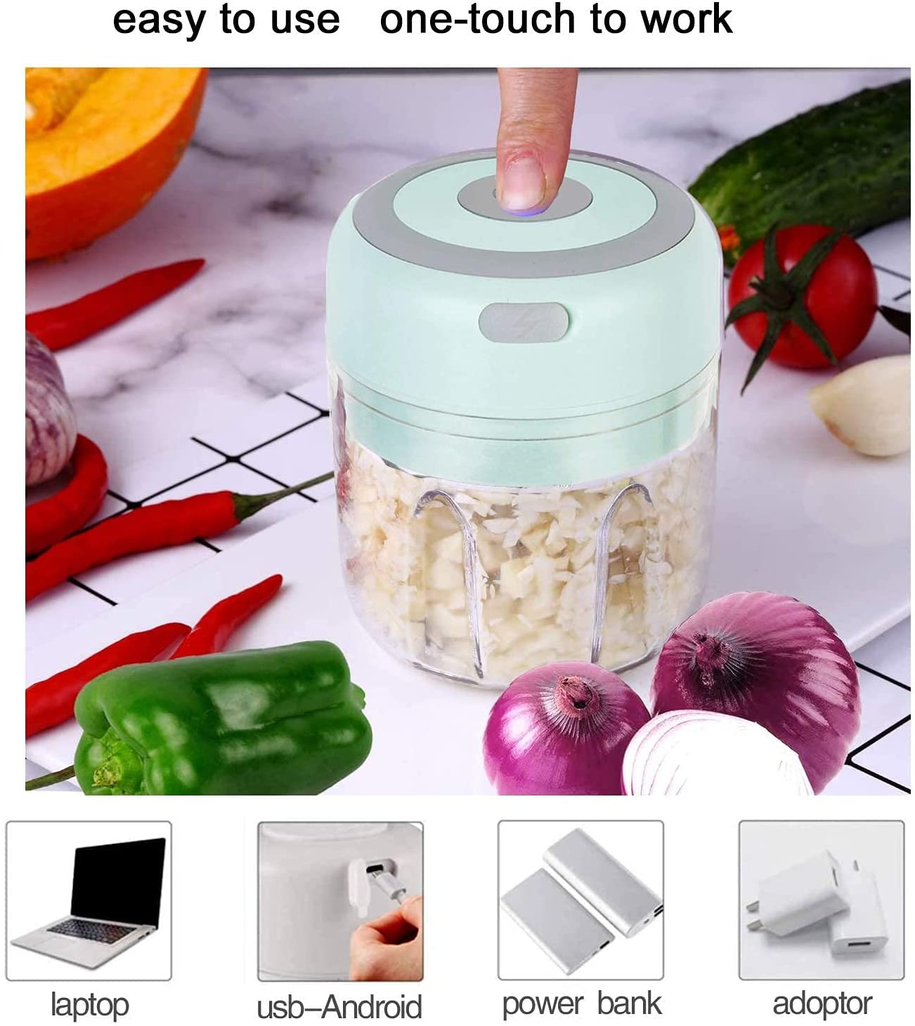 HW Wireless Electric Mini Garlic Chopper Machine(250ML), USB Kitchen Food Processor with 3 Blades