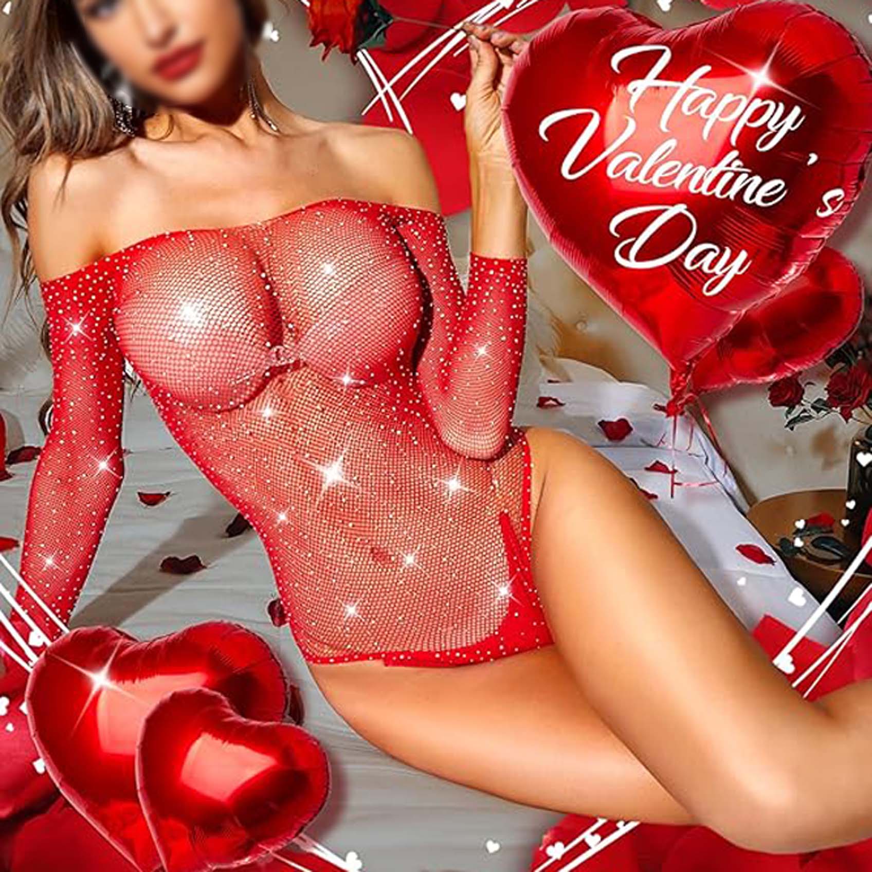 Women Sparkle Sexy Bodysuit Fishnet Rhinestone Sheer Teddy Lingerie Leotard Top Bodystocking Mesh Nightclub Sleeves Sleepwear Nightwear for Couple Sex