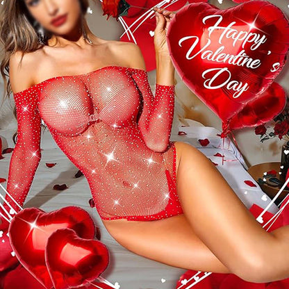 Women Sparkle Sexy Bodysuit Fishnet Rhinestone Sheer Teddy Lingerie Leotard Top Bodystocking Mesh Nightclub Sleeves Sleepwear Nightwear for Couple Sex