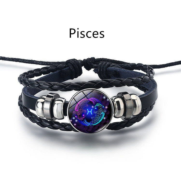 12 Constellation Men's and women's bracelet twelve constellation leather rope blue moonstone bracelet student hipster couple jewelry fashion men's models can be contracted and elongated