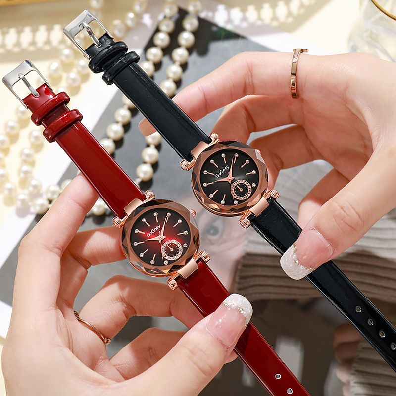 New Style Fashion Ladies Watch Female Rhinestone Seven Beads Simple Leather Belt Niche Student Party High-End Quartz Watch