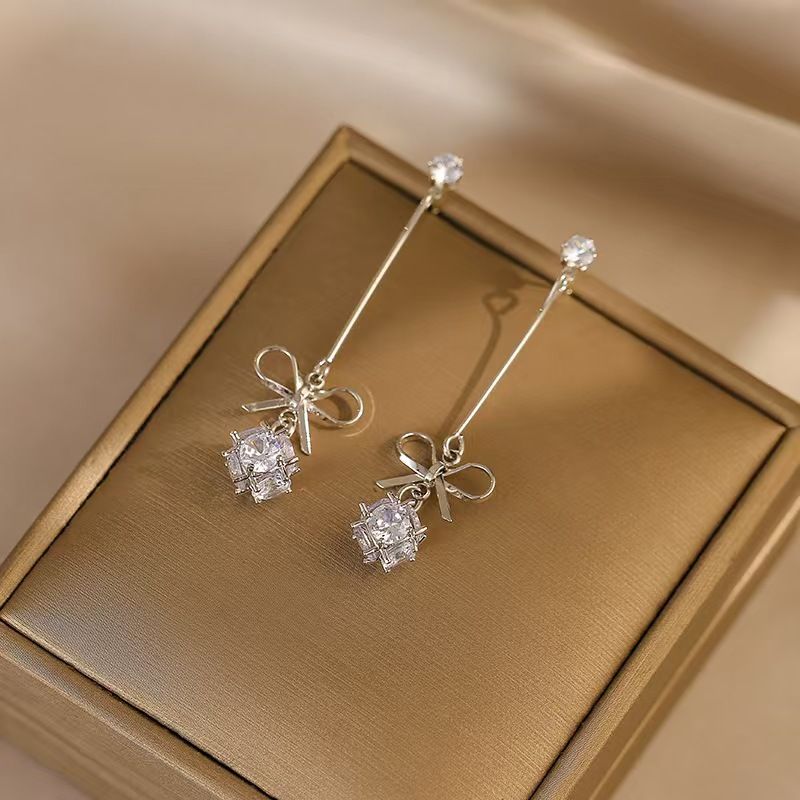 Long bow earrings advanced sense light luxury temperament simple zircon earrings studs fashion personality earrings female summer