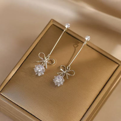 Long bow earrings advanced sense light luxury temperament simple zircon earrings studs fashion personality earrings female summer