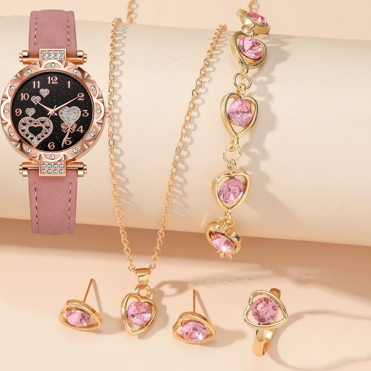6PCS Ladies Watch Jewelry Set Watch Ring Necklace Earrings Bracelet Set Pink Crystal Waterproof Watch Set Wristwatch Ladies' Love Dial Quartz Watch Can Be Used As Romantic Gift Or Prop Shooting