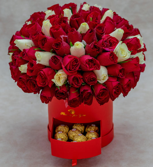 Hightower Flower Box with Mixed Red and White Roses and Ferrero Rocher Chocolates