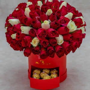 Hightower Flower Box with Mixed Red and White Roses and Ferrero Rocher Chocolates