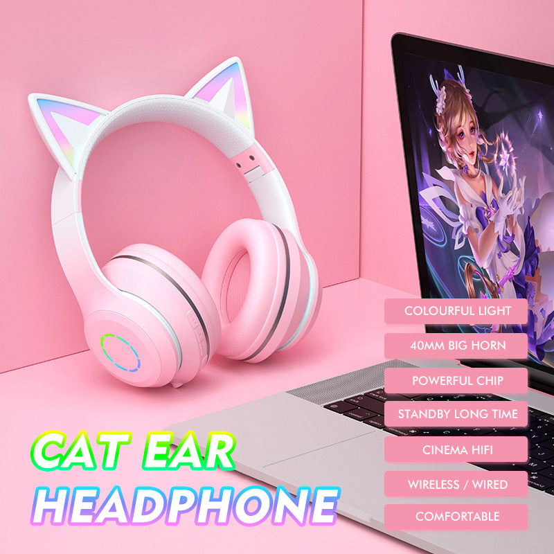 Headset gradient cat ears headset wireless BT headset with microphone girl net red live luminous headset Fashion Trend Bluetooth Earphones