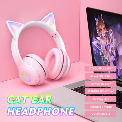 Headset gradient cat ears headset wireless BT headset with microphone girl net red live luminous headset Fashion Trend Bluetooth Earphones