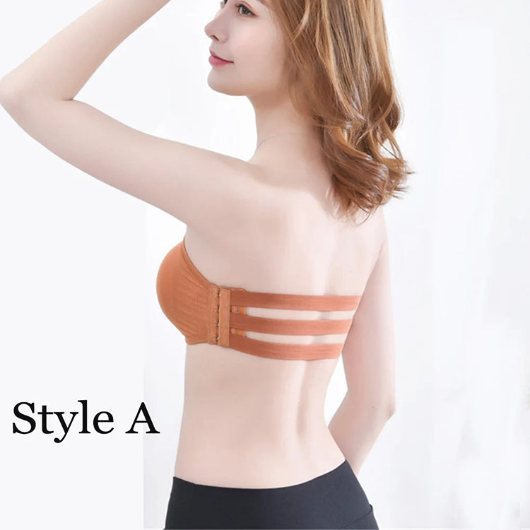 Women Strapless Ruched Push Up Bra Padded Hollow Out Backless Wireless Underwear Bandeau Thread Ribbed Adjustabable Bralette Lingerie