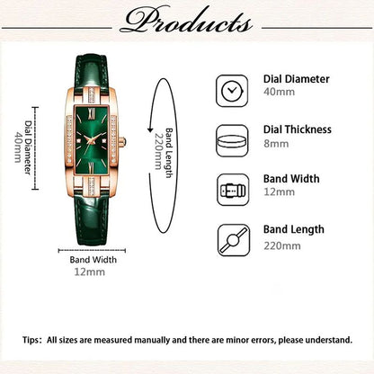 Womens Watches Fashion Square Ladies Quartz Watch Bracelet Set Green Dial Simple Leather Luxury Women Watches