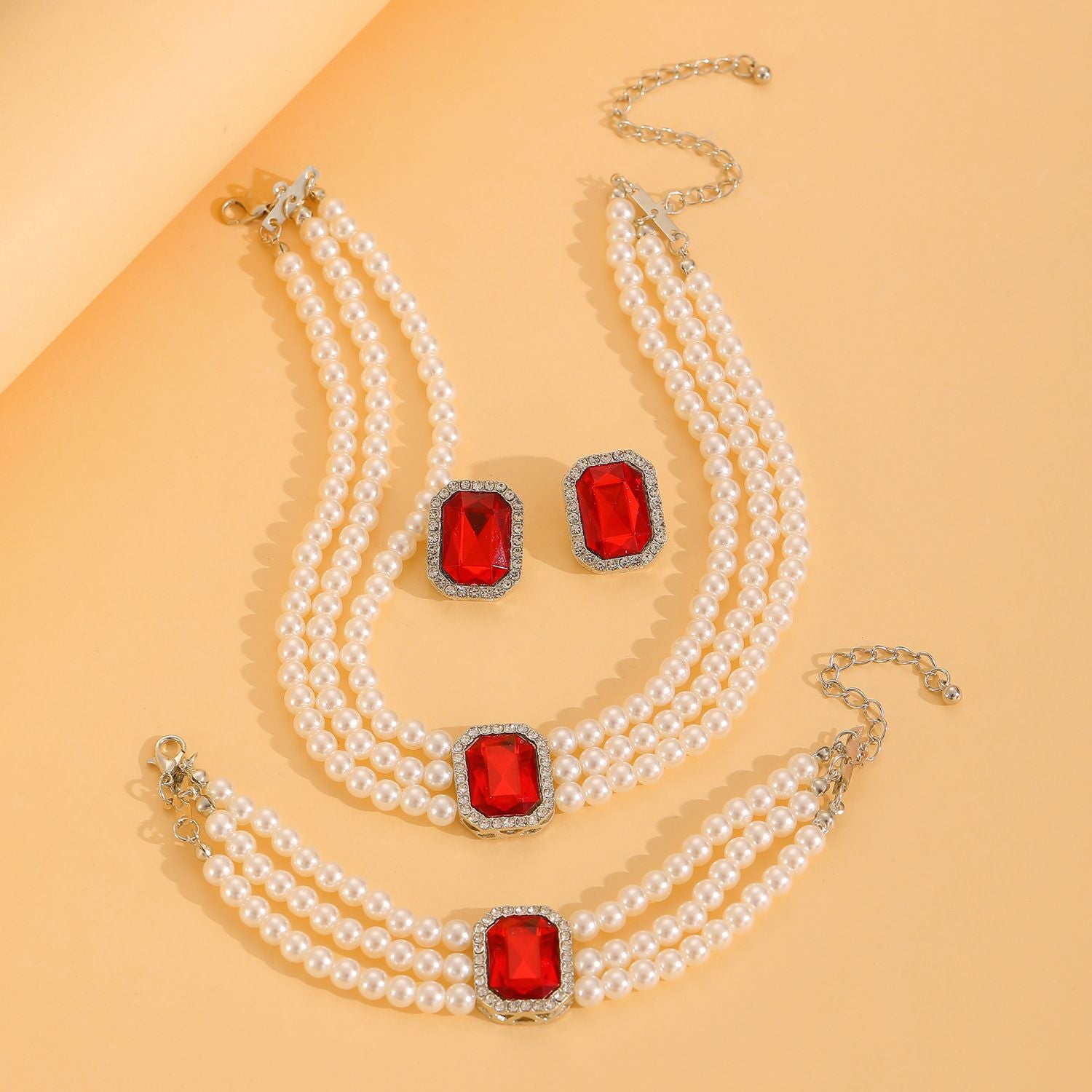 European American New Fashion Hot Sale Choker Necklace Personality Pearl Beaded Charms Court Style（Necklace+Bracelet+Earring ）Jewelry Set for Woman