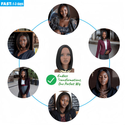 Synthetic Straight Bob Wigs - 12 Inch | 180% Density Natural Look(1B Black, Gift)