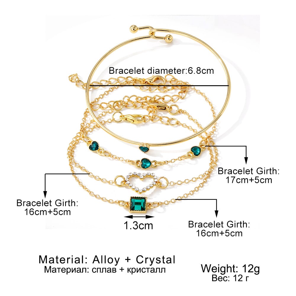 ZHJH 4PCS Women's Gold Bracelet Set Punk Layered Stackable Gold Bracelet With Open Cuffs Wrapped Bracelet Chain Ankle Chain Suitable Emerald inlaid with diamonds For Girls' Fashion Jewelry