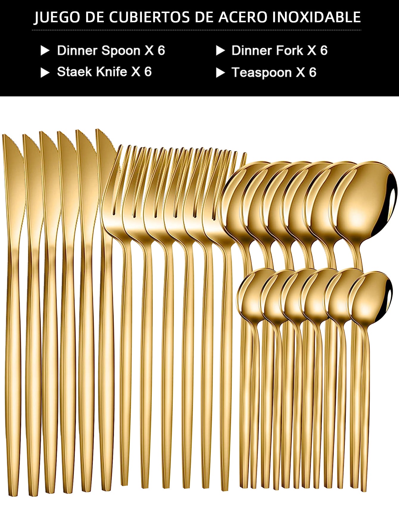 24pcs Gold Dinnerware Set Stainless Steel Steak Knife Fork Coffee Spoon Teaspoon Flatware Sets Dishwasher Safe Kitchen Tablewar