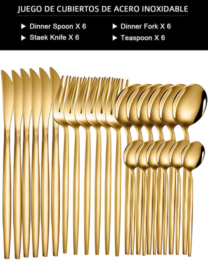 24pcs Gold Dinnerware Set Stainless Steel Steak Knife Fork Coffee Spoon Teaspoon Flatware Sets Dishwasher Safe Kitchen Tablewar