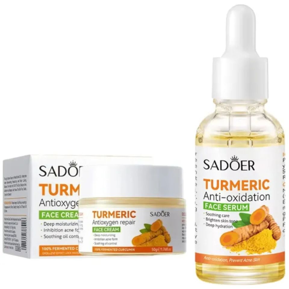 2 in 1, Sadoer Turmeric Cream + Tumeric Serum, the Combination of Sadoer Tumeric Cream and Turmeric Serum Guarantees Like Vitamin C, Deep Hydration, inhibits Acne formation, Lighten Acne Marks, Sooth
