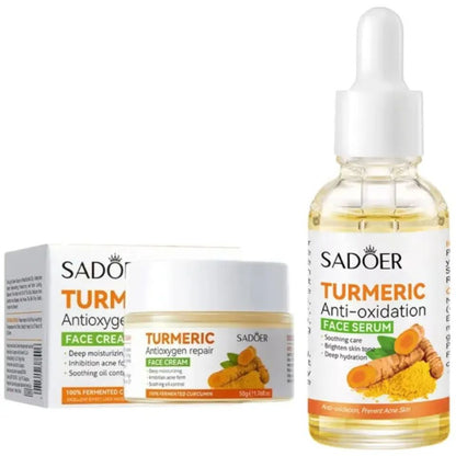 2 in 1, Sadoer Turmeric Cream + Tumeric Serum, the Combination of Sadoer Tumeric Cream and Turmeric Serum Guarantees Like Vitamin C, Deep Hydration, inhibits Acne formation, Lighten Acne Marks, Sooth