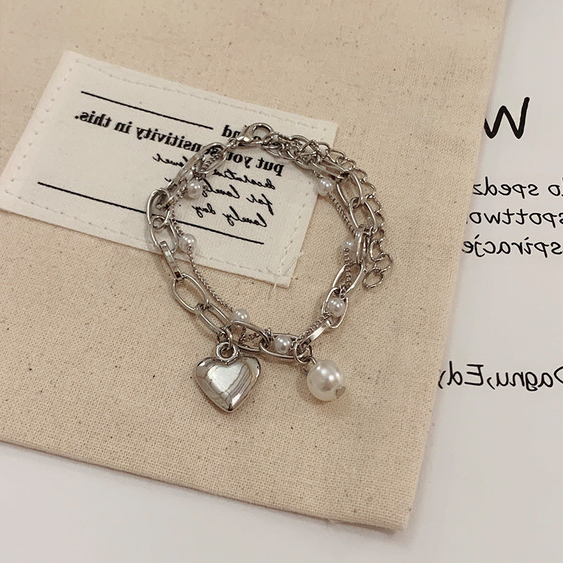 1-piece Elegant and Popular Fashionable and Versatile Bracelet Love Pearl Double Layer Bracelet Peach Heart Pendant Handicraft for Women