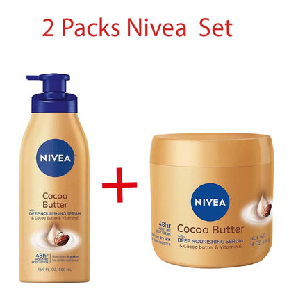 2 Packs Cocoa Butter Body Lotion + Cocoa Butter Body Cream Set – Intense Hydration for Dry Skin, Smooth & Radiant Finish – With Deep Moisture Serum & Vitamin E – 400ml + 250ml