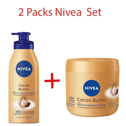 2 Packs Cocoa Butter Body Lotion + Cocoa Butter Body Cream Set – Intense Hydration for Dry Skin, Smooth & Radiant Finish – With Deep Moisture Serum & Vitamin E – 400ml + 250ml