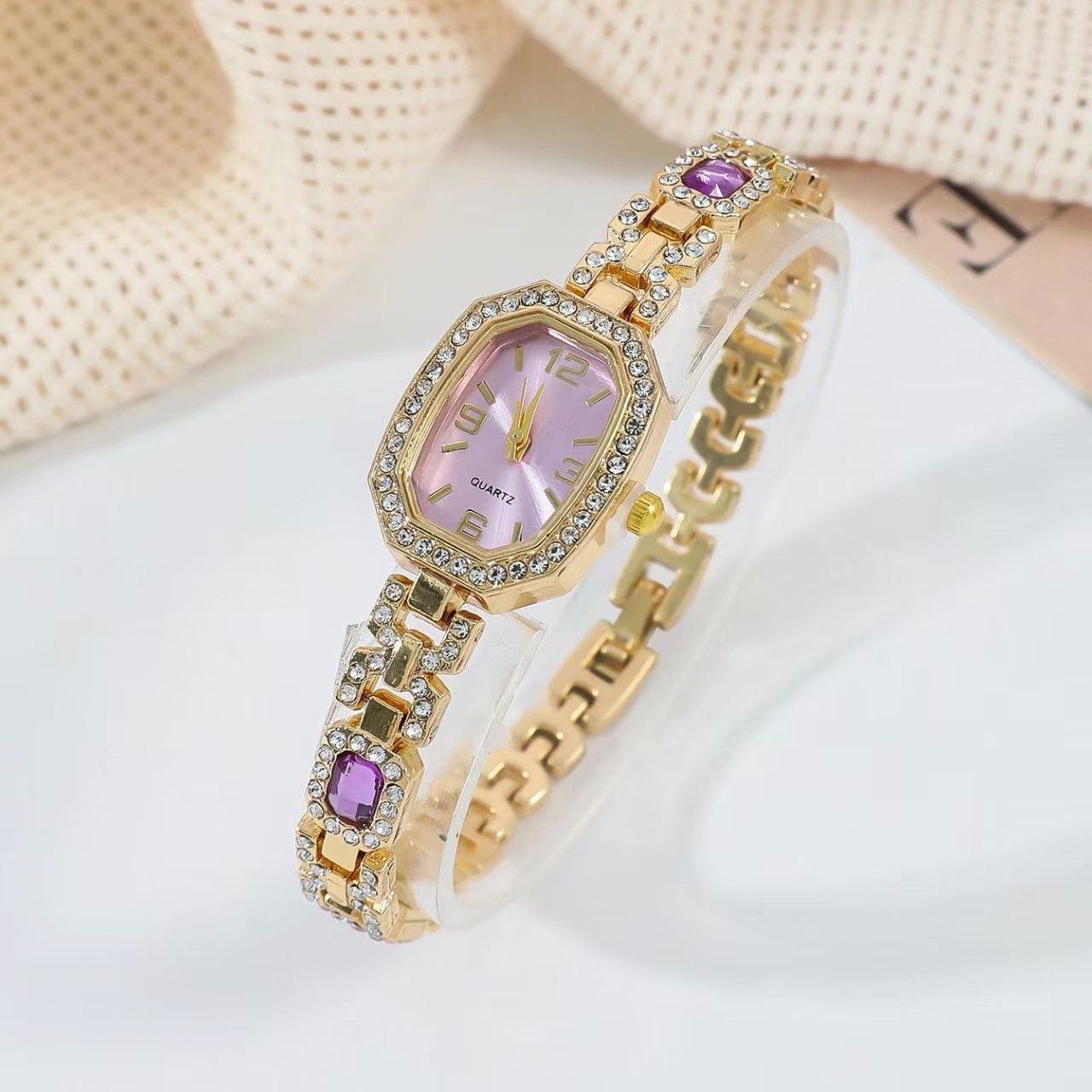 Ladies'Watch Square Inlaid Diamond Steel Strap Ring Necklace Earrings Double Row Full Diamond Bracelet Set Exquisite Elite Elegant Ladies' Casual Diamond Quartz Watch Jewelry Set For Gift Daily Wear