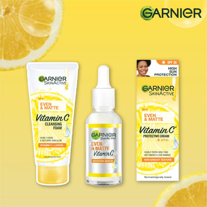 【Discounted】Garnier Eventone Day Routine Kit: Even & Matte Vitamin C Cleansing Foam 50ml + Serum 15ml+ Sunscreen Spf 30 50ml