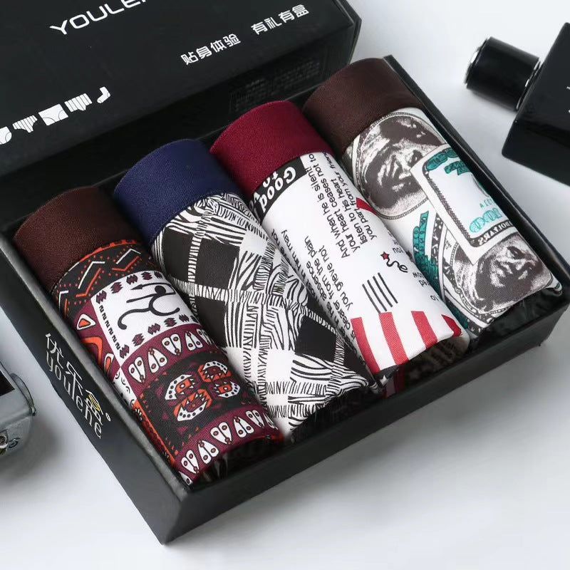 4Pcs Men's Underwear Men's Clothes Underwear Men's Boxer Briefs Ice Silk Underpants Fashion Personalized Print Men's Clothing Underwear