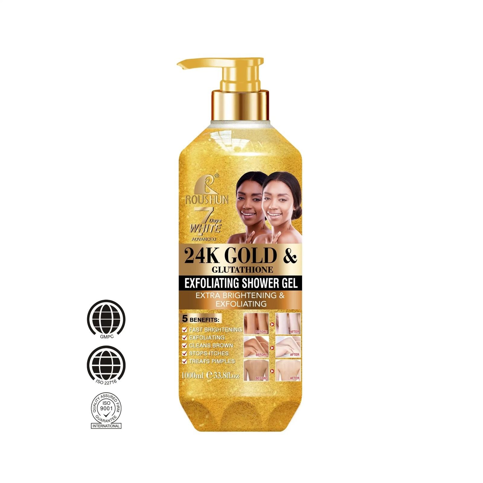 ROUSHUN Body Wash 24K and Glutathione Whitening Shower Gel 1000ml Removes Acnes Clear Pimples Cleans and Hydrates Glow and Shine 24K and Glutathione Scrub Shower Cream 1000 ml Body Washe