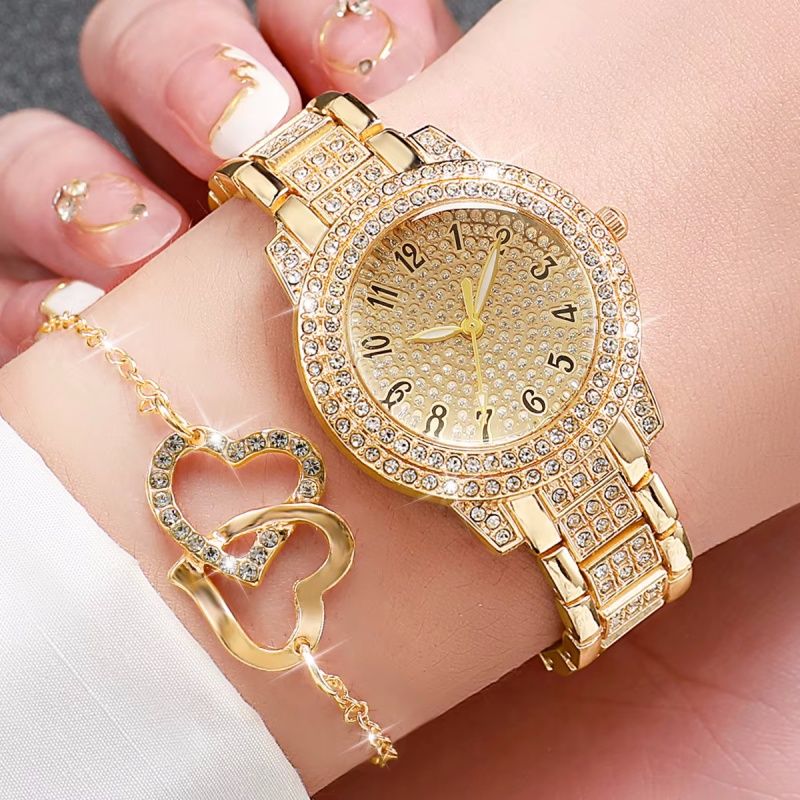 6PCS/Set Women's Watch Fashion Rhinestone StainlessSteel Band Quartz Watches Heart Jewelry Set