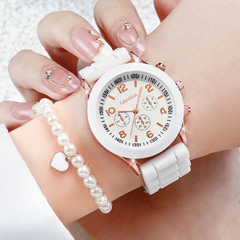 6PCS/Set Women's Watches Casual Silicone Band Analog Quartz Watch Heart Pearls Jewelry Set