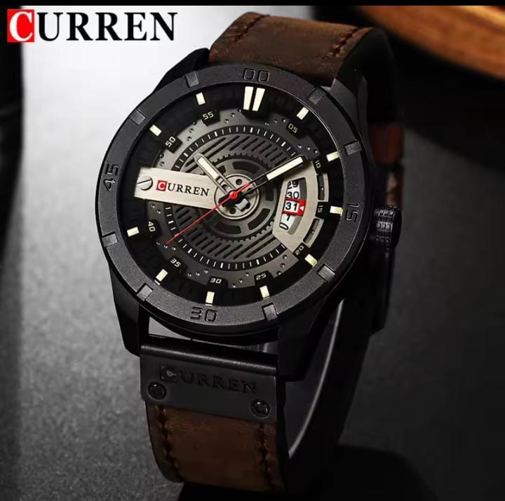 Curren 8301 Men’s 45 mm 3D Dial Watch – Leather Strap Quartz Timepiece with Auto Date, Complete Calendar, Hardlex Face & 3 ATM Water Resistance