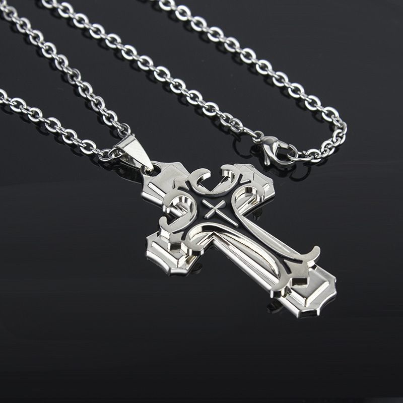 New two-layer oil drip personalized gold black cross men's titanium steel chain pendant necklace