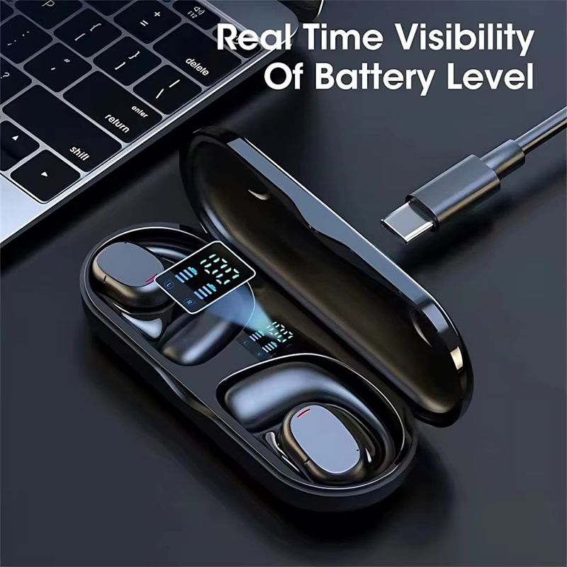 Wireless Bluetooth Earphone Bone Conduction Headphones Sports Earbud Ear-hook Waterproof Noise Reduction Earpods Display Touch Control Game Earpiece with Charging Case