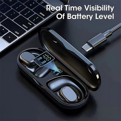 Wireless Bluetooth Earphone Bone Conduction Headphones Sports Earbud Ear-hook Waterproof Noise Reduction Earpods Display Touch Control Game Earpiece with Charging Case