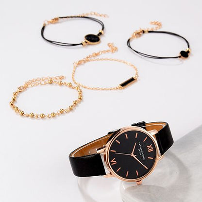 5pcs Quartz Watch Set Ladies Elegant Gemstone Bracelet Quartz Wristwatch Women Leather Quartz Watches Bracelet Set Clock Gift