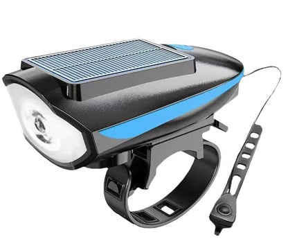 Solar Bicycle Light Multi-Functional Solar-Powered and USB Rechargeable Battery Mountain Bike Night Cycling High Brightness Light Bike Front Light and 120dB Horn Bicycle Charging Light