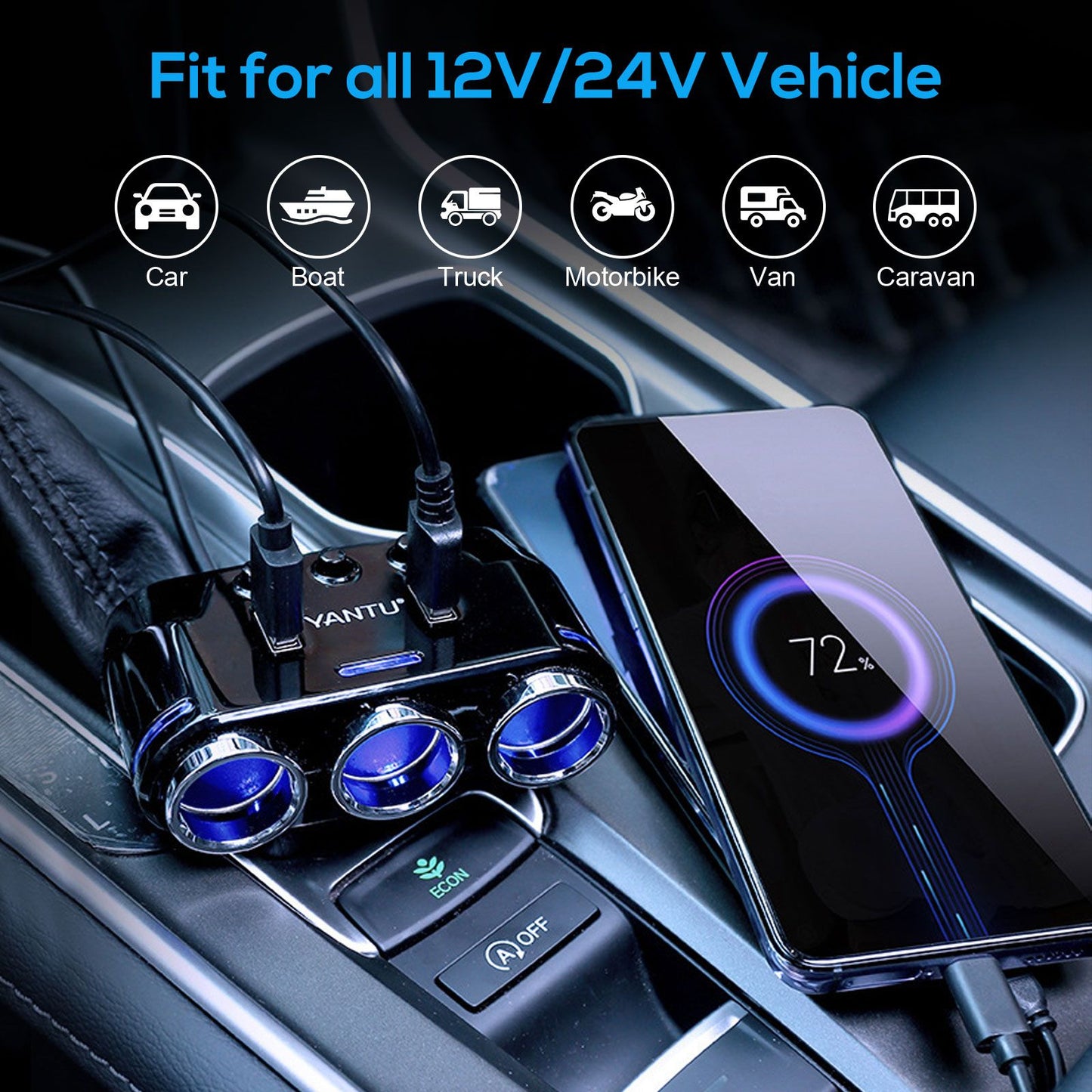 Cigarette Lighter Adapter & Splitter with 150W 3-Sockets & LED Ambient Lighting, Dual USB Fast Charging Car Outlet 12V, Car Cigarette Lighter Socket Plug Extension for Vehicles