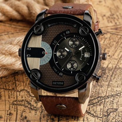 Creative Men's Watch Sashion Large Dial European And American Style Sports Watch Genuine Leather Strap Quartz Watch Business Watch