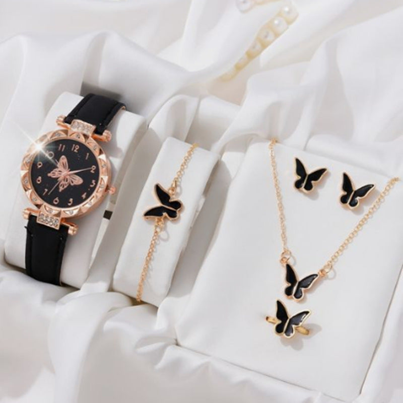 Popular Fashion 5 Set Women Watch Ring Necklace Earrings Bracelet Set Watches Luxury Crystal Butterfly Leather Strap Ladies Quartz WristWatch (With Box)