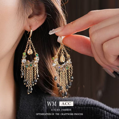 Vintage high-end silver needle ethnic style diamond inlaid flower earrings with exaggerated European and American temperament earrings pendant light luxury niche earrings