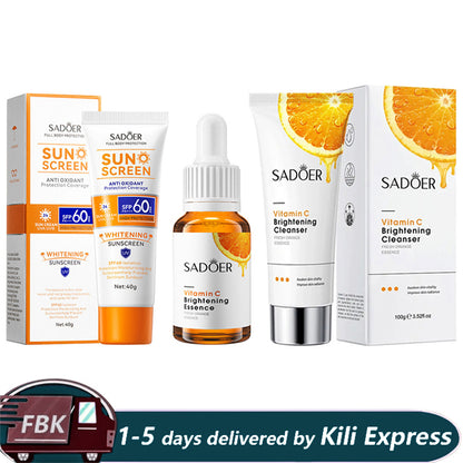 SADOER 3 in 1 Vitamin C Serum + Vitamin C Cleanser + SPF 60++ Sunscreen, Moisturizing, Anti Aging, Anti Wrinkles, Anti Acne, Dark Spots Remover, Sunscreen Protector VC Serum+Cleanser+SPF